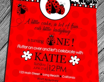 Birthday Invitation Ladybug 1st Birthday Digital Invitation Damask Pattern First Party Printable Invitation