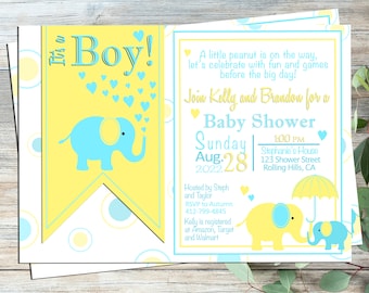 Elephant Baby Shower Invitation Boy or Girl Yellow and Blue Polka Dot Printable Invite Gray and Yellow