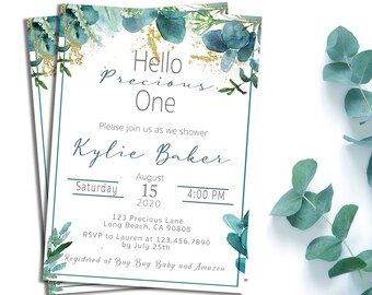 Baby Shower Invitation Eucalyptus Greenery Watercolor Gold and Turquoise Neutral Gender Hello Precious One