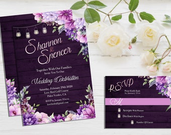 Rustic Purple Floral Wedding Invitation, Mason Jar Lights, Lavender, Plum, Wood Barn, Roses, Digital Invitation