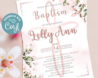 Pink Floral Baptism Invitation Girl, Personalized, Baby Girl Invite, Christening Invitation, Editable, Instant Download