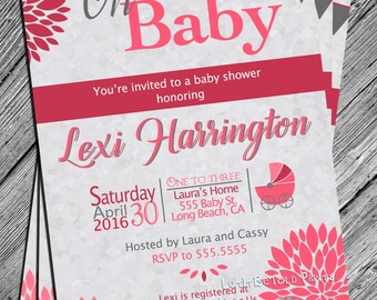 Baby Shower Girl Invitation Modern Pink Flower Oh Baby Printable Invite