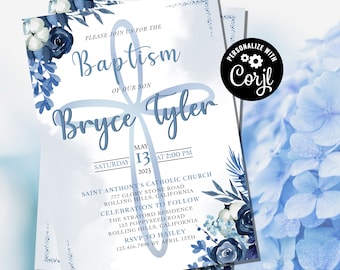 Floral Baptism Invitation Template Instant Download Baby Boy Christening Invite