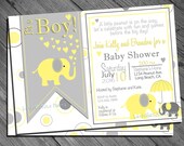 Elephant Baby Shower Invitation Boy or Girl Yellow and Grey Polka Dot Printable Invite Gray and Yellow Digital