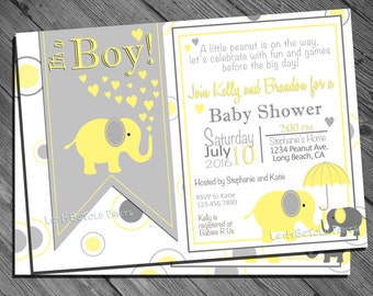 Elephant Baby Shower Invitation Boy or Girl Yellow and Grey Polka Dot Printable Invite Gray and Yellow Digital