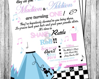 Sock Hop Twin Girls 1st Birthday Invitation 2nd Birthday Any Birthday Invite Turning One