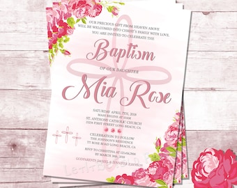 Pink Floral Baptism Invitation Digital Girl Christening Card Printable DIY