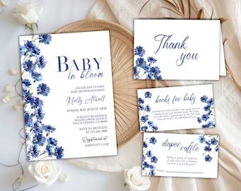 Baby in Bloom Shower Invitation Bundle, Wildflower Baby Shower Set, Digital Floral Baby Shower Invitation, Thank You Card, Printable Invite