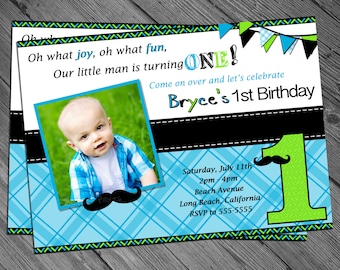 1st Birthday Invitation Mustache Printable Invite Boy First Birthday Digital Invitation