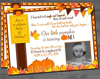 Fall Birthday Little Pumpkin Turning One Digital Invitation 1st Birthday Printable Autumn