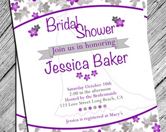 Bridal Shower Printable Invitation Purple and Gray Floral Wedding Invite Digital