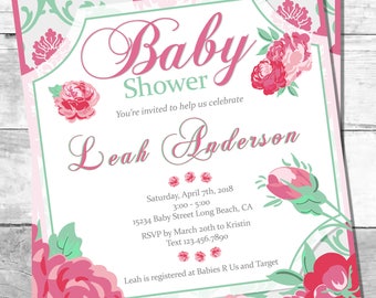 Shabby Chic Baby Shower Invitation, Pink Girl Baby Shower Invitation, Baby Shower Invite, Floral Printable Invitation