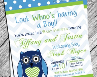 Owl Baby Shower Boy Baby Shower Digital Invite Polka Dot and Chevron Print