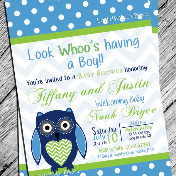 Owl Baby Shower Boy Baby Shower Digital Invite Polka Dot and Chevron Print