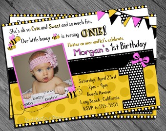 Bee Birthday Invitation 1st Birthday Invitation B-Day Honey Bee Printable Invite Turning One