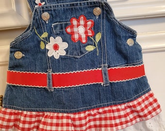 Toddler Denim Overall/Dress Size 3-6 Months Red/White Trim flowers (21008)