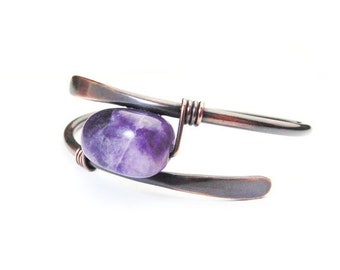 Purple Amethyst Bangle, Copper Wrap Bracelet, Pebble Bangle, Purple Jewellery, Minimal Style, Every Day Jewelry, Womens Wire Bangle