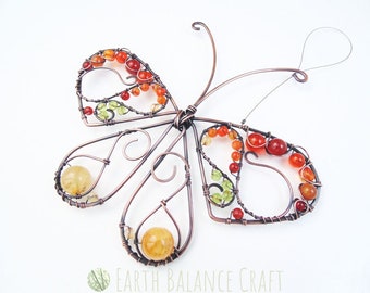 Butterfly Suncatcher, Gemstone Ornament, Wild Life Gifts, Handmade Suncatcher, Outdoor Metal Art, Gifts for Gardeners, Glass Wall Art