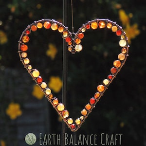 Orange Love Heart, Copper Suncatcher, Hanging Hearts, Beaded Gifts, Housewarming, Metal Love Hearts, Wedding Gifts, Heart Shaped Decoration