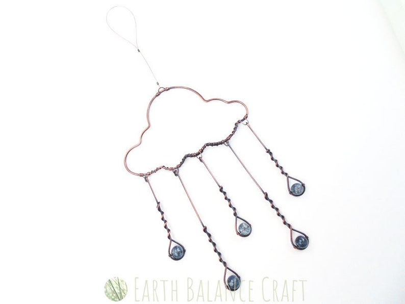 Wire Cloud Suncatcher, Rain Drop Decoration, Cloud Art, Kinetic Ornament, Nursery Gift, Meteorologist Gift, Metal Wire Work, Wire Rain Cloud image 3