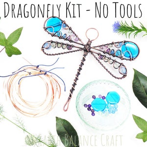 May include: A dragonfly kit with the text "DRAGONFLY KIT - NO TOOLS". The kit includes copper wire, blue and purple beads, and a dragonfly frame with blue glass accents. Green leaves and sprigs are also present.
