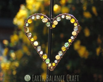 Yellow Love Heart Sun Catcher, Crystal Ornament, Yellow Gifts, Sunny Room Decor, Copper Wire Hearts, Sun Wall Hanging, Beaded Ornaments