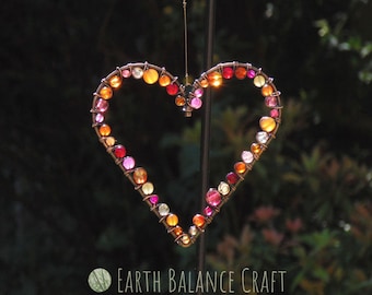 Pink Orange Love Heart Suncatcher: Gemstone Beads & Copper Wire