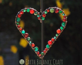 Red and Green Heart, Window Decoration, Christmas Ornament, Yule Gifts, Hanging Hearts, Yule Decor, Crystal Suncatcher, Winter Wedding