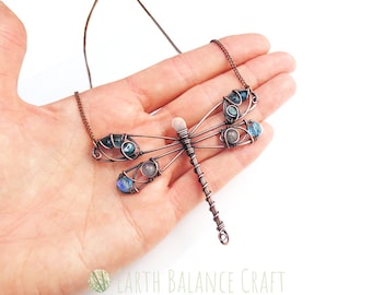 Gemstone Dragonfly Necklace: Copper Wire Wrapped Jewellery