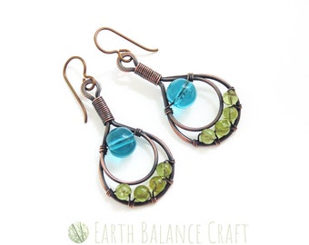 Handmade Peacock Earrings: Copper Wire, Peridot & Quartz