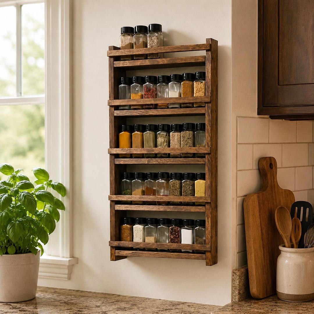 Large 5-Tier Wall Mounted Spice Rack | Rustic Wooden Spice Organizer for Kitchen Storage