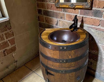 3/4 Whiskey Barrel Vanity – Rustic Copper Sink Bathroom Vanity with Bronze Faucet & Storage Door