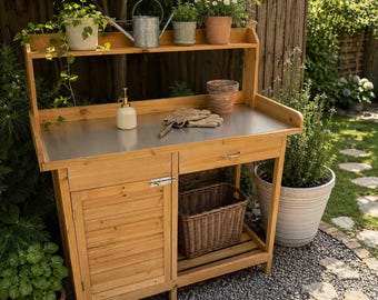 Outdoor Potting Table with Storage Cabinet – Handmade Wooden Garden Workstation for Patio & Backyard