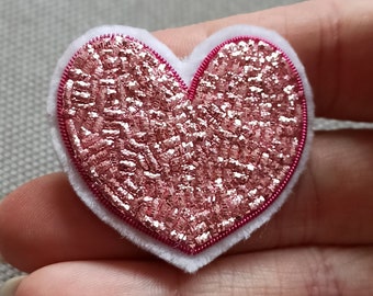 Pink Heart embroidered brooch - gold embroidery.