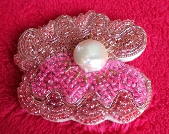 Beaded Oyster embroidered brooch - gold embroidery.