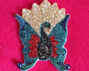 Peacock embroidered brooch - gold embroidery.