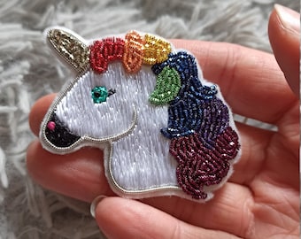 Unicorn embroidered brooch v.2 - gold embroidery.