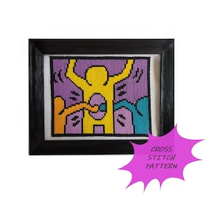 Keith Haring 3 Friends, Pop-art, Kruissteekpatroon, Alleen patroon, Instant download, (JPEG-formaat), straatkunst, graffiti, muurschildering