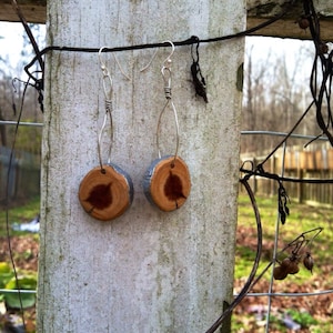 Reclaimed Cedar wood earrings, silver paint accents, recycled wood earrings