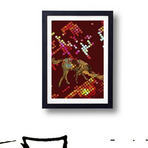 May include: A framed art print featuring a colorful abstract image of a horse. The artwork is set against a dark red background with a mix of dots and shapes. The print is displayed on a white wall above a white sofa.