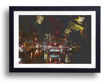 Cars Painting Night Traffic Mixed Media Digital Drawing Original Art From The Artist Free Shipping Dark Wall Art Digital Art Print Giclee