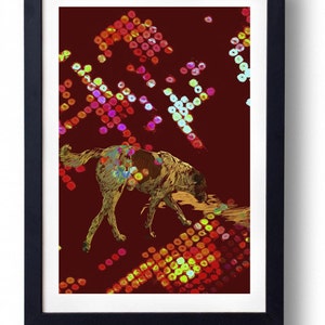 May include: Framed art print featuring a stylized illustration of a dog in shades of brown and gold, set against a deep red background. The artwork incorporates colorful, abstract dot patterns in red, orange, yellow, and green.