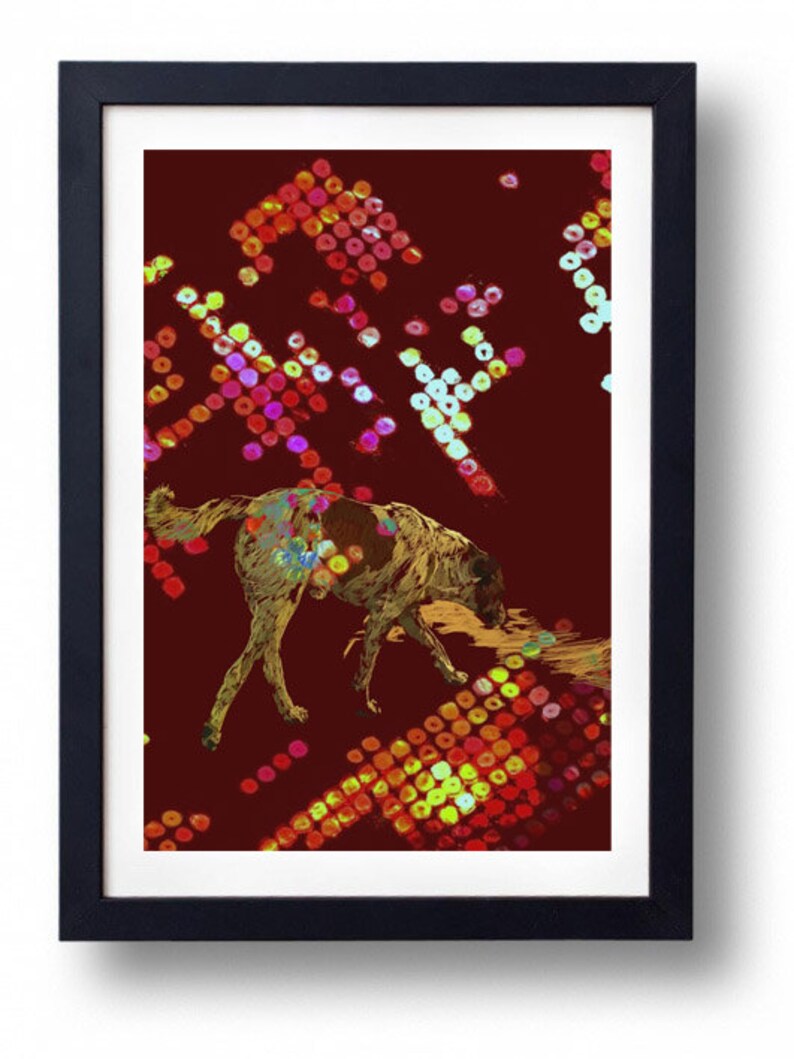 May include: Framed art print featuring a stylized illustration of a dog in shades of brown and gold, set against a deep red background. The artwork incorporates colorful, abstract dot patterns in red, orange, yellow, and green.