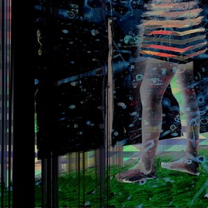 May include: Abstract digital art featuring a person's legs and torso, with a striped pattern in shades of red, orange, and gray. The background has a dark, textured appearance with splashes of blue and green, suggesting a surreal landscape.