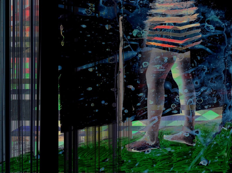 May include: Abstract digital art featuring a person's legs and torso, with a striped pattern in shades of red, orange, and gray. The background has a dark, textured appearance with splashes of blue and green, suggesting a surreal landscape.