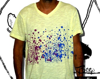 T-Shirt V neck Yellow Tee With Rd and Blue Ink Drips Pattern Handmade Silk Screen Print Unisex Tee handmade