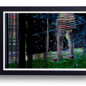 May include: Abstract art print in a black frame. The artwork features a person's legs and torso, with a striped pattern. The background has a dark, textured appearance with splashes of blue and green, and a grassy area.