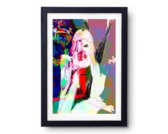 May include: Abstract art print in a black frame. The artwork features a colorful, stylized depiction of a person with long blonde hair, with red, blue, and green accents. The art style is reminiscent of a digital painting.