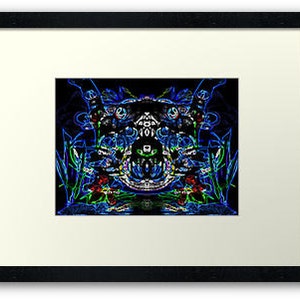 May include: Abstract neon art print in a black frame. The artwork features a symmetrical design with blue, green, and red lines on a black background. The framed art is ready to hang and adds a modern touch to any space.