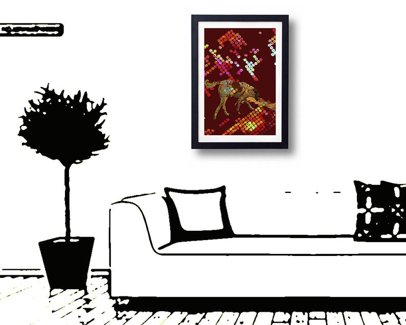 May include: A framed art print featuring a colorful abstract image of a horse. The artwork is set against a dark red background with a mix of dots and shapes. The print is displayed on a white wall above a white sofa.